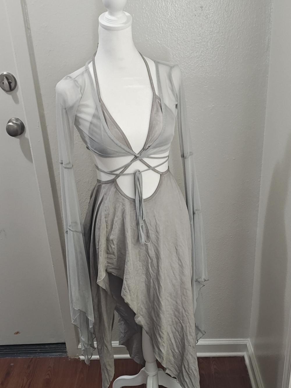 Women's Gray Sheer Sleeve Asymmetrical Wrap Dress For Rave